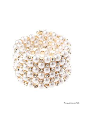 Vintage Gatsby Pearl Bracelet Multi-Layered Chunky Pearl Crystal Elastic Bangle